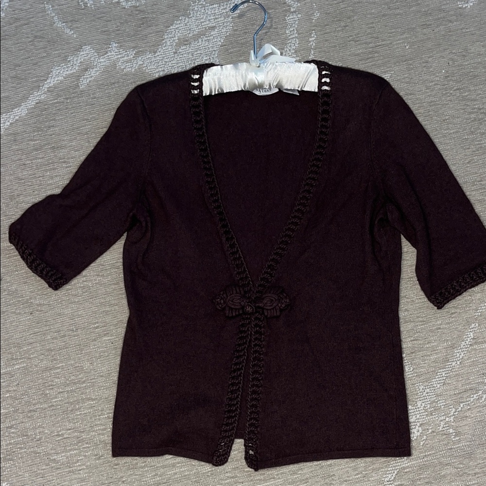 Barneys New York Cashmere Chocolate Brown crochet edges Women's Cardigan